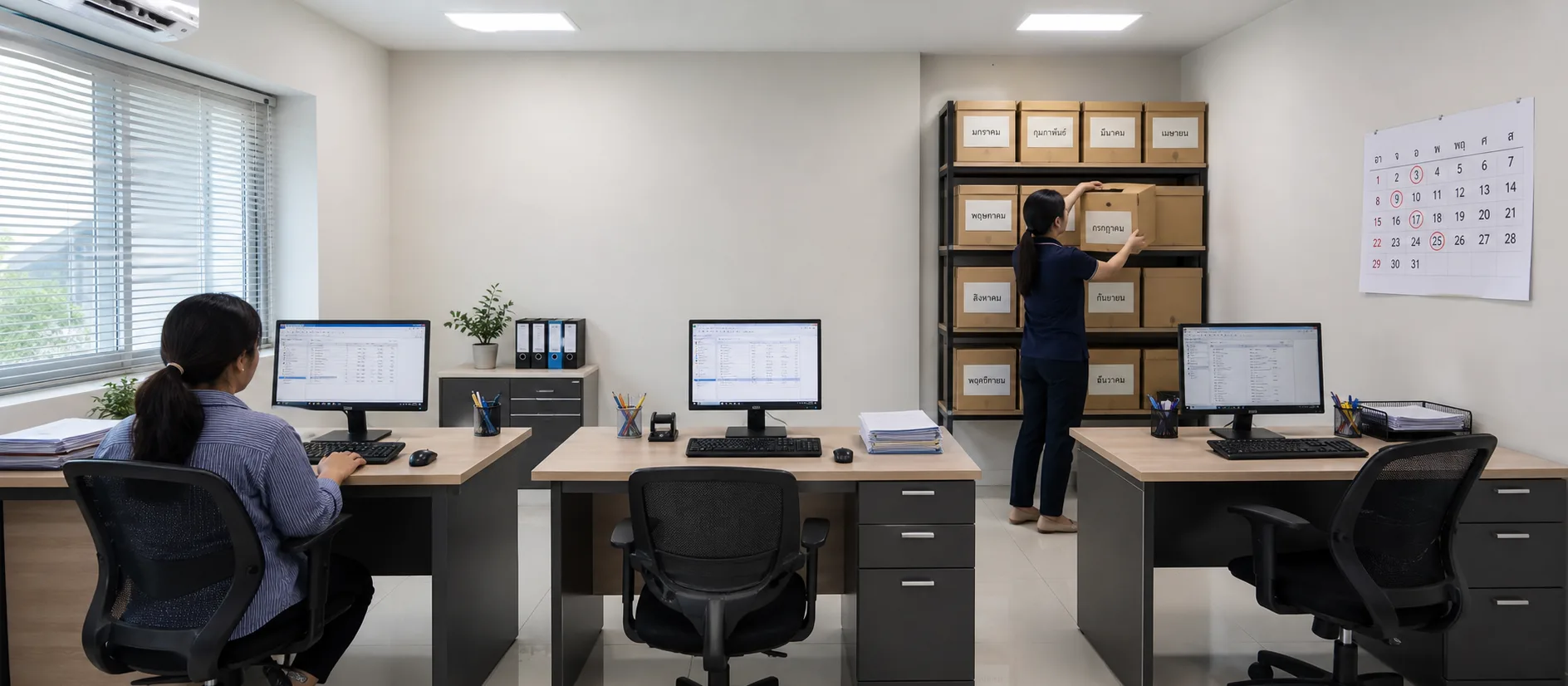 A small three-desk accounting office, two staff at work, a wall calendar with filing days ringed